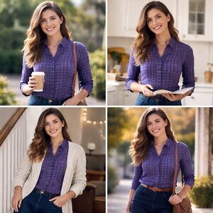 Gap Fitted Boyfriend Shirt Plaid Ruffle Collar Button Front Blue Pink Size Small